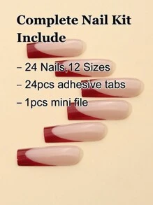 24Pcs Coffin-Shaped Nail Tips, Red French Simple Style, With 1Pc Nail File And 1Pc Jelly Glue Press On Nails Nail Supplies Nails - Multicolor - View 4