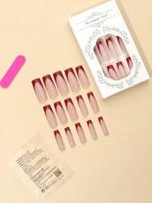 24Pcs Coffin-Shaped Nail Tips, Red French Simple Style, With 1Pc Nail File And 1Pc Jelly Glue Press On Nails Nail Supplies Nails - Multicolor - View 2