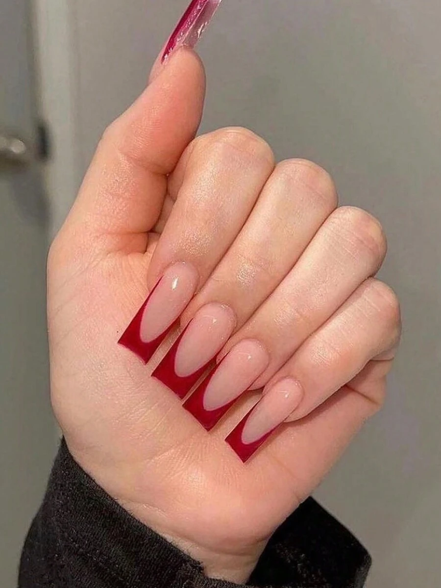 24Pcs Coffin-Shaped Nail Tips, Red French Simple Style, With 1Pc Nail File And 1Pc Jelly Glue Press On Nails Nail Supplies Nails - Multicolor - View 1