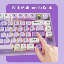 EWEADN V75藍牙及無線2.4G充電無聲鍵盤，搭載Type-C充電端子，附多媒體旋鈕、RGB燈效等功能，適用於辦公室、電競、家用，可與筆記型電腦和桌機兼容，紫色