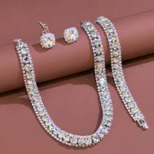 4pcs/set Full Diamond Circle Chain Necklace & Chain Bracelet & Drop Earrings For Women Wedding Bridal Jewelry - Silver - View 18