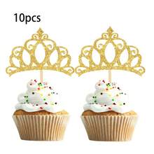 10 piezas de Toppers de pastel con corona de princesa y brillo para fiesta de cumpleaños, celebración y decoración de aniversario de pastel - Multicolor - Ver 6