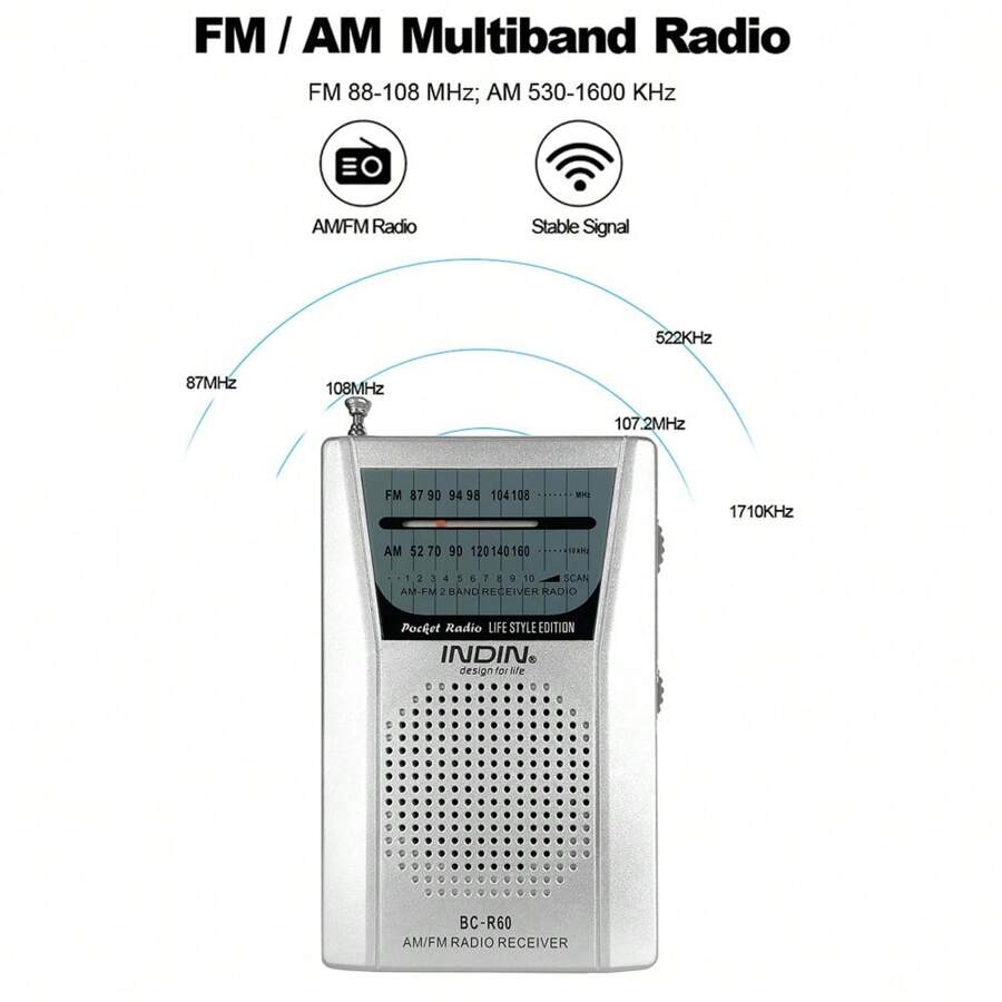 INDIN BC-R60 Fm Radio,Pocket Radio,Portable Radio For Gift, Emergancy, Walking - Silver - View 1