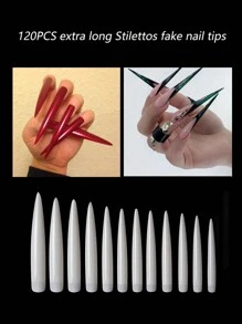 120入組超長尖頭指甲片，全套假指甲片，升級版白色柔軟凝膠指甲片全套不需修整，10個尺寸，適用於專業指甲片，適用於沙龍和DIY指甲藝術指甲片，自然白壓花指甲，補給品 - 白色 - 查看 1