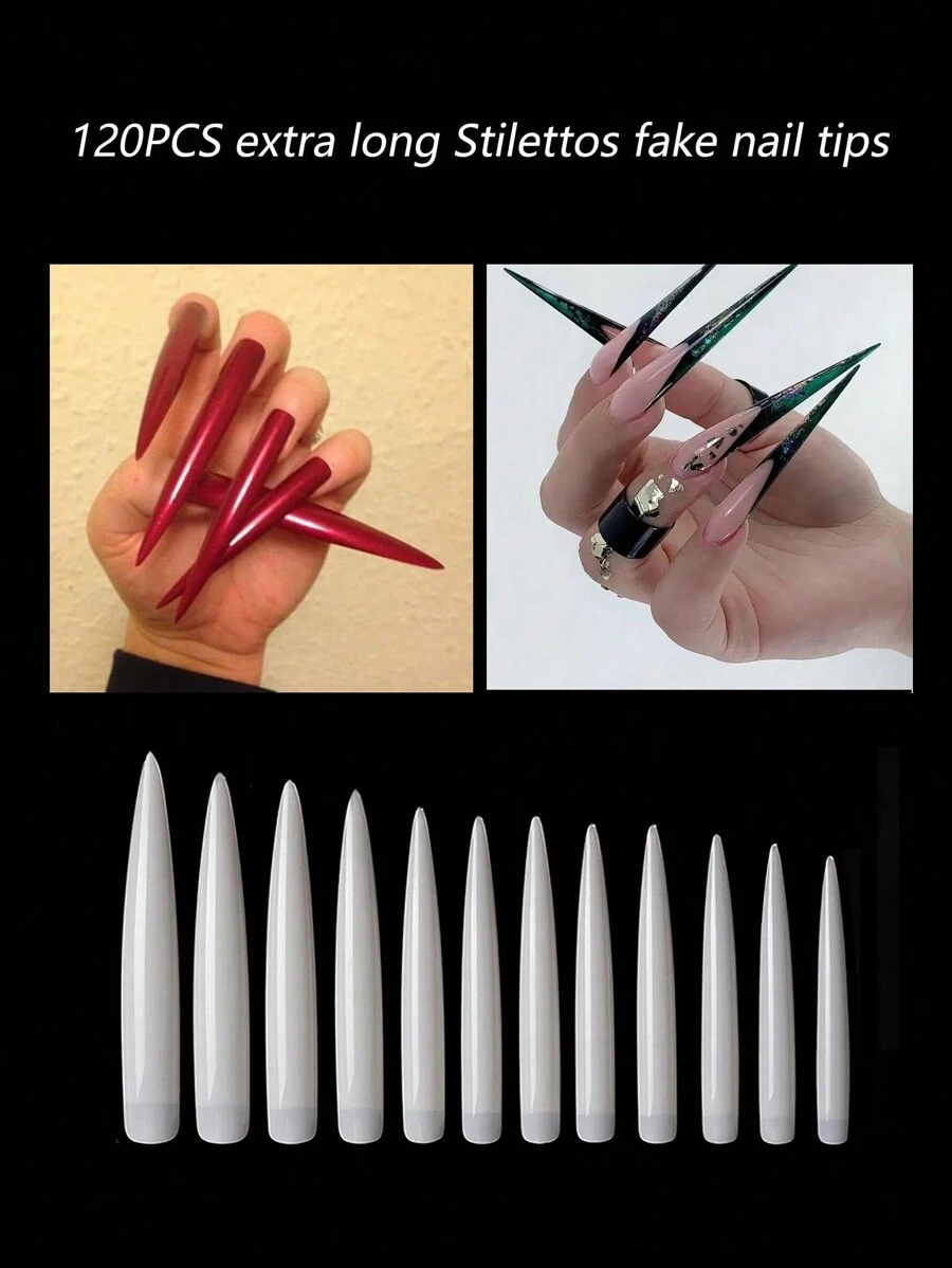 120入組超長尖頭指甲片，全套假指甲片，升級版白色柔軟凝膠指甲片全套不需修整，10個尺寸，適用於專業指甲片，適用於沙龍和DIY指甲藝術指甲片，自然白壓花指甲，補給品 - 白色 - 查看 1