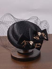 Pequeno chapéu feminino, chapéu preto elegante com véu de rede vintage estilo britânico, perfeito para ocasiões formais, como corridas de cavalos ou festa noturna, adequado para ensaio fotográfico de casamento de noivas. Disponível com laço preto, branco e rosa. - 1140 - Visão 2