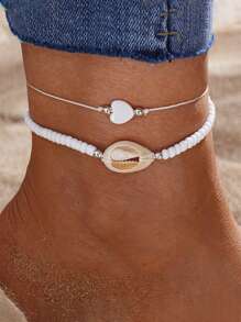 22pcs/Set Elegant Minimalist Sea Inspired Simulated Shell Beaded, Heart, Butterfly, Star, Cross Hollow Chain Anklet Set, Adjustable Size, Fashion Personalized, Suitable For Vacation, Date, Beach, Daily Match, Anniversary Gift