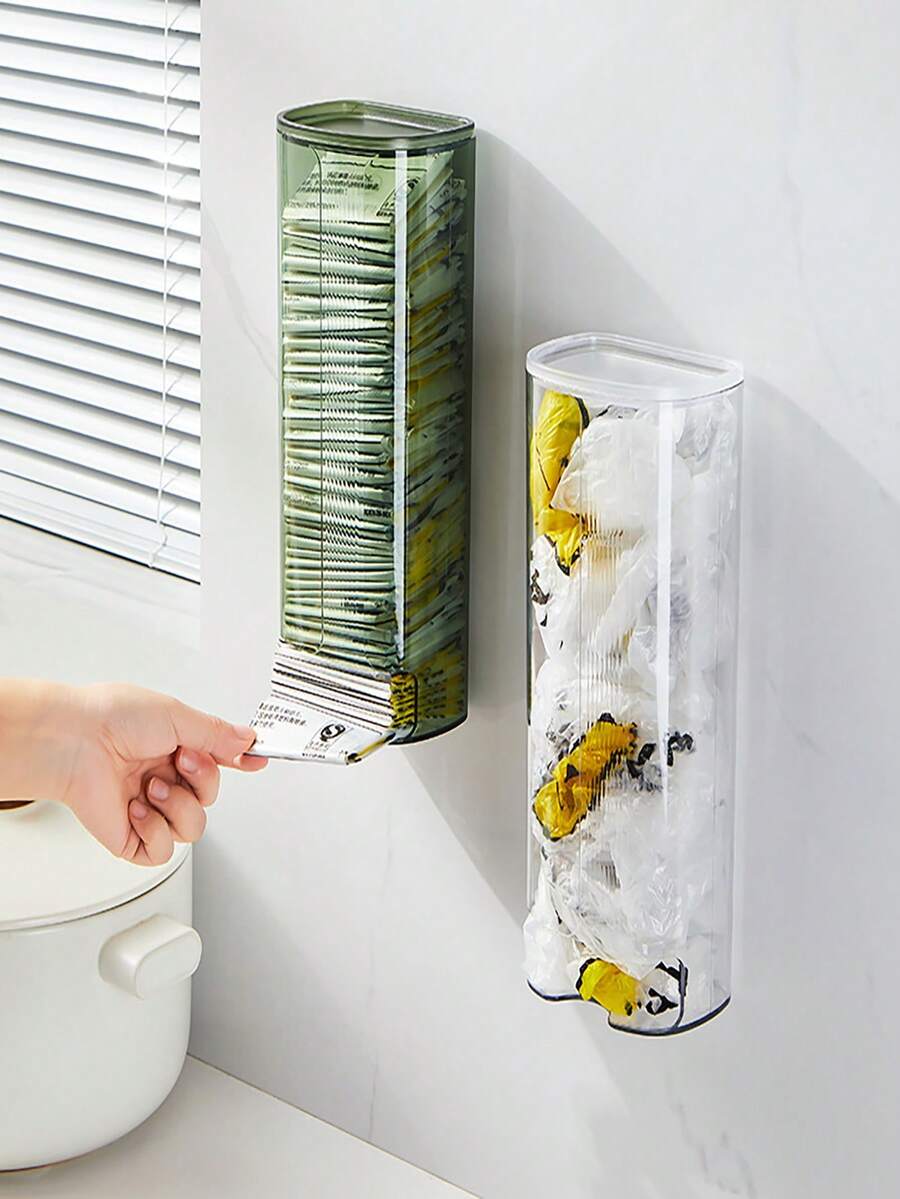1pc Plastic Wrap Dispenser, Garbage Bag Wall-Mounted Storage Box, Non-Drilling Kitchen Organizer, Home Transparent Storage Rack For Food Storage Bag - Multicolor - View 1