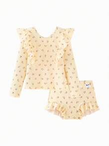 Mini Bala Girls Swimsuit High Elastic Lotus Edge Separate Swimsuit Set UPF50+ - Yellow - View 4