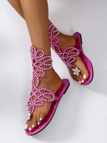 1 Pair Women's Sparkling Rhinestone Embellished Roman Style Thong Sandals, Black Hollow Woven Upper With Iridescent Rhinestone Accents - Pink - View 3