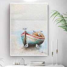 1pc Unframed Light Blue Ocean Themed Bathroom Wall Art Print With Ocean Theme Boat And Compass On Canvas, Modern Seascape Decorative Painting For Living Room, Bedroom, Office, Dining Room Or Fireplace Decoration - Multicolor - View 4