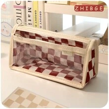 1 件棋盘格图案铅笔袋，现代便携式学生铅笔袋，铅笔盒，铅笔袋，书包 - 黑色 - 查看 18