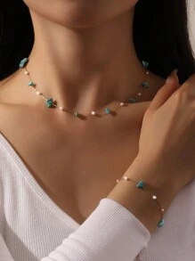 1pc Necklace & 1pc Bracelet Handmade Stone Beads & Pearl Shaped Jewelry Set - Turquoise Pearl Set - View 1