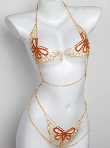 Gợi cảm Đỏ  Loại bướm & Đồ trang trí Rhinestone bờ biển Áo bikini Và Đáy Bộ Với Dây chuyền cơ thể - Vàng - Xem 1