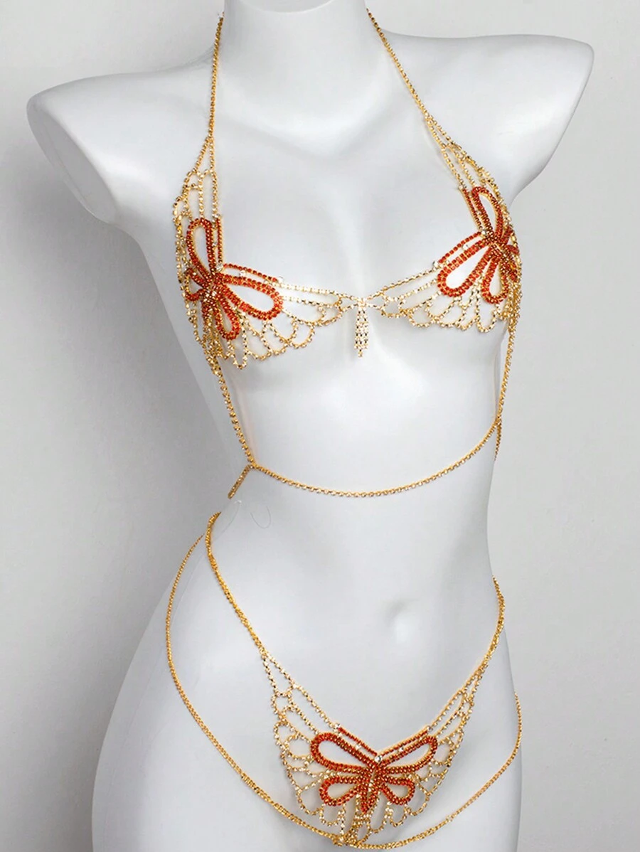 Gợi cảm Đỏ Loại bướm & Đồ trang trí Rhinestone bờ biển Áo bikini Và Đáy Bộ Với Dây chuyền cơ thể - Vàng - Xem 1