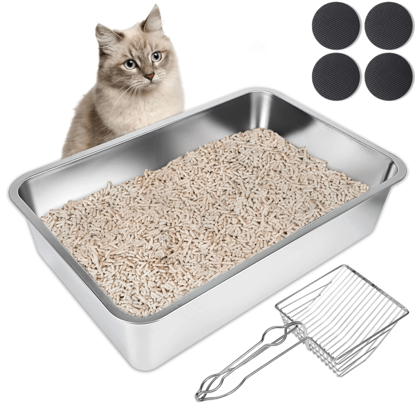 Caja de arena para gatos de acero inoxidable grande mejorada, con caja de arena de acero inoxidable y 1 pieza de pala recogedora de arena para gatos. La pala recogedora de arena para gatos de metal nunca absorbe olores, es anti-óxido y tiene una superficie suave antiadherente. Incluye 4 almohadillas antideslizantes.