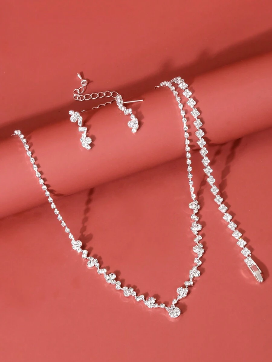 Conjunto de joyas de 4 piezas con diamantes de imitación para mujeres, que incluye collar, aretes y pulsera para bodas y fiestas - Plateado - Ver 1