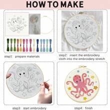4入組海洋主題初學者和手工藝愛好者刺繡DIY套件，包括海馬、鯨魚、海龜和章魚圖案，4件印花刺繡布、一個刺繡框、足夠的刺繡線以及說明文件（一些刺繡配件的顏色是隨機的） - 彩色 - 查看 6