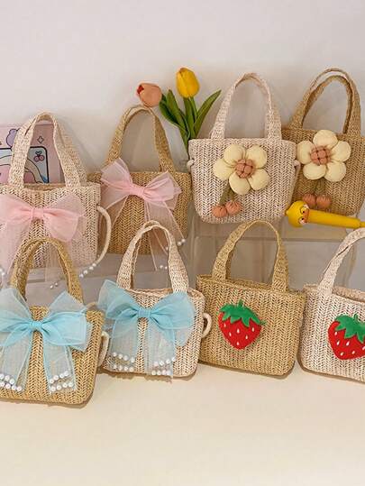 1个时尚草莓卡通编织蝴蝶结装饰零钱包，单肩斜挎小包，适合女孩