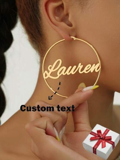 70mm Round Hoop Earrings With Customized Name, Personalized Bohemian Style Stainless Steel Gold Color Calligraphy Letter Handmade Exaggerated Ear Loops, Party Jewelry Birthday Festival Gift For Her, Christmas Present, School Supplies, Back To School, School Gift, For Office, For School, For Classroom, For Teacher Gifts, For University, For Colleague, For Dorm Rooms, For Teacher, For Boys And Girls, For Teenagers, High School Senior High School Students, College Students, University Students, Customized Fashion Word Earrings, Look Glamour