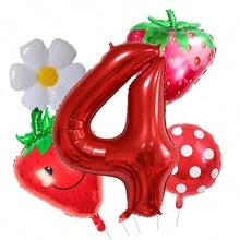 5pcs 32-Inch Red 1-9 Number Strawberry Foil Balloons Set, Strawberry Theme Birthday, Anniversary, Wedding Anniversary, Party Decorations Foil Balloons - Red - View 7