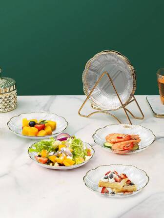 WORTHBUY 4入組透明塑料晚餐盤配金屬架，多功能盤可用於存放沙拉、水果、小食等，適用於廚房和餐廳