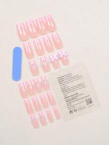 24入組長方形美甲假釘釘，可愛風格粉色法式粉紅蝴蝶結白色珍珠3D假指甲套裝（附1檔，1件果凍膠），適合女性日常、派對婚禮使用 - 彩色 - 查看 2