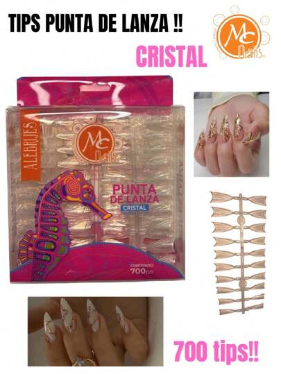 700 TIPS PUNTA DE LANZA - CRISTAL - TRANSPARENTE - ESTILETO - EN FORMA DE PICO STILLETO - M.C NAILS DE 700 UÑAS POSTIZAS ACRILICAS DE EXTENSION PARA MANICURE CAJA PUNTAS DE UÑAS ARTIFICIALES