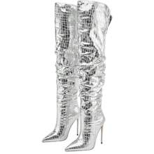 Women's Pointed Toe Stiletto Over-The-Knee Boots - Silver - View 1