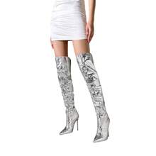 Women's Pointed Toe Stiletto Over-The-Knee Boots - Silver - View 3