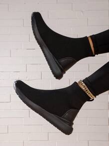 Botas femininas leves e confortáveis de malha, estilo meia casual, estilo atlético preto
