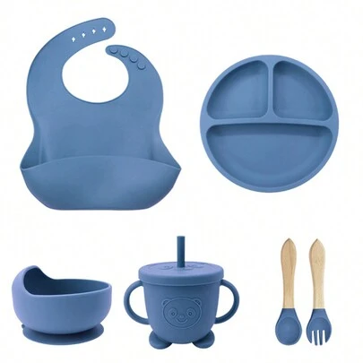 Set 5pcs Kit Para Comida Para Bebés Babero Cuenco De Silicona Cubiertos