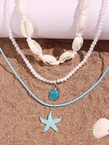Tropiscape 3pcs/Set Blue Starfish & Seashell Pendant Beaded Necklace, Beach & Ocean Style Women's Jewelry Vacay Vibes Vacation Relax Beach