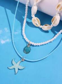 Tropiscape 3pcs/Set Blue Starfish & Seashell Pendant Beaded Necklace, Beach & Ocean Style Women's Jewelry Vacay Vibes Vacation Relax Beach