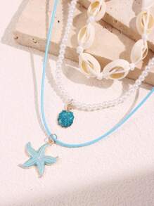 Tropiscape 3pcs/Set Blue Starfish & Seashell Pendant Beaded Necklace, Beach & Ocean Style Women's Jewelry Vacay Vibes Vacation Relax Beach