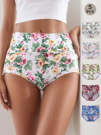 Conjunto de 5 piezas de ropa interior de control de barriga para mujer con estampado, transpirable y amigable con la piel de cintura alta en varios colores