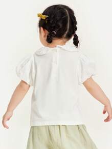 mini bala 年轻女孩短袖 T 恤 夏季宝宝 婴儿柔软褶边领 可爱儿童上衣 - 白色 - 查看 2