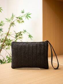 Cartera de embrague tejida en negro para mujer, esencial para vacaciones, perfecta para viajes, vacaciones, días festivos y playa
