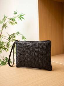 Cartera de embrague tejida en negro para mujer, esencial para vacaciones, perfecta para viajes, vacaciones, días festivos y playa