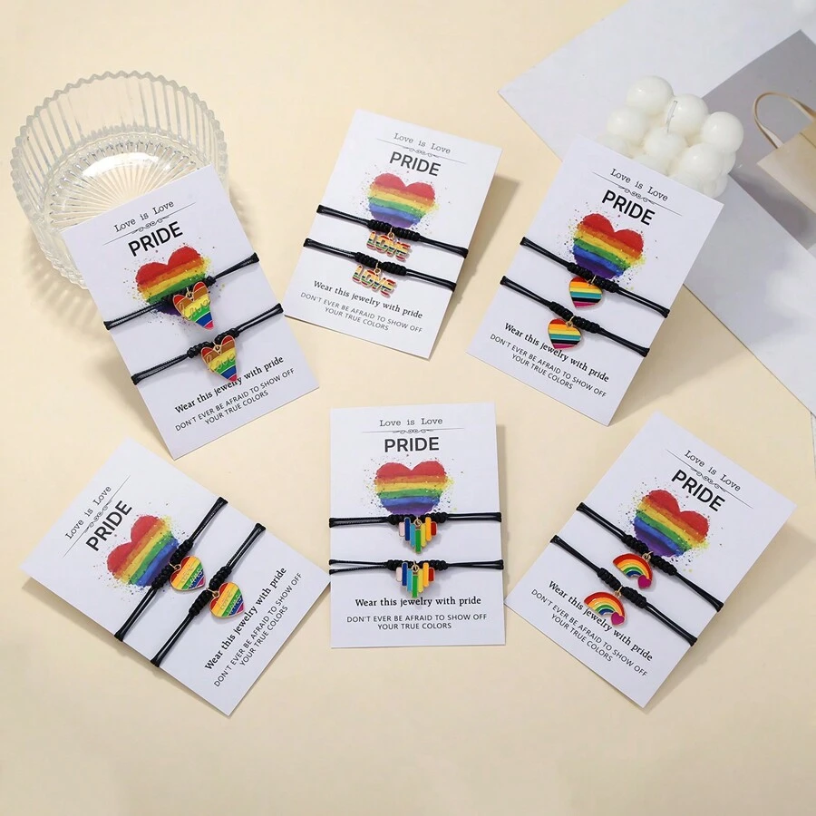 2pcs LGBT Style Rainbow Handmade Braided Friendship Bracelets For Couples And Friends