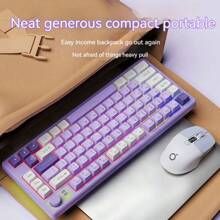 EWEADN V75藍牙及無線2.4G充電無聲鍵盤，搭載Type-C充電端子，附多媒體旋鈕、RGB燈效等功能，適用於辦公室、電競、家用，可與筆記型電腦和桌機兼容，紫色