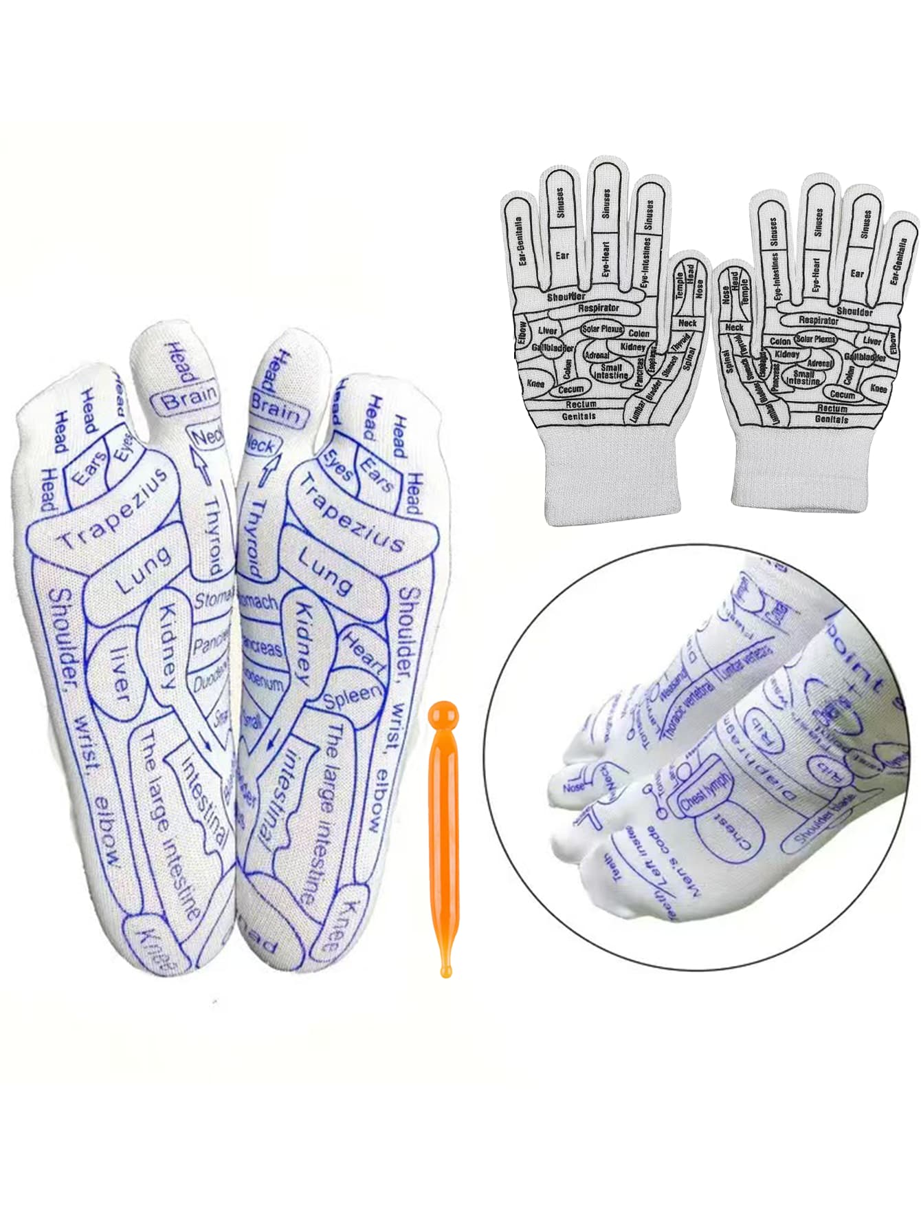 男女1雙英文穴位按摩袜連按摩棒，足部按摩經絡，附穴位按摩圖表袜子，通用按摩手套 - 白色 - 查看 1