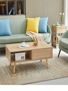 41.34" Farmhouse Coffee Table Featuring Sliding Door Rattan Coffee Table Center Sofa Table With Solid Wood Legs - 卡其色 - 查看 1