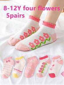 [5 Pairs] Spring/Summer Children Socks, Thin Mesh Breathable Short Socks For Boys, Girls, Toddlers And Kids. New Arrival. 2-3Y [Two Flowers], 3-8Y [Three Flowers],  8-12Y [Four Flowers] - Multicolor - View 13