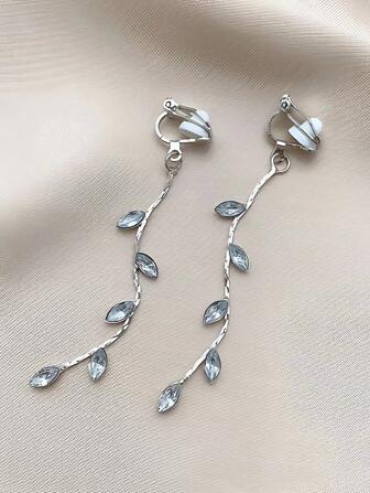 1對葉子和柳樹夾式耳環，時尚的立體氧化鋯無耳洞耳環，適合女性日常穿著、派對和禮物