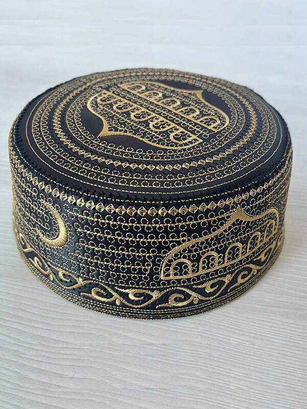 1 peça Touca de Oração Muçulmana Preta, Touca de Oração Islâmica de Fim de Semana, Chapéu Bordado de Topo Plano