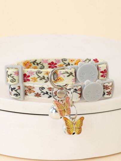 1pc Embroidered Butterfly Pattern Pet Collar Pendant With Bell Decoration And Adjustable Cat Face Buckle, Suitable For Small Dogs And Cats