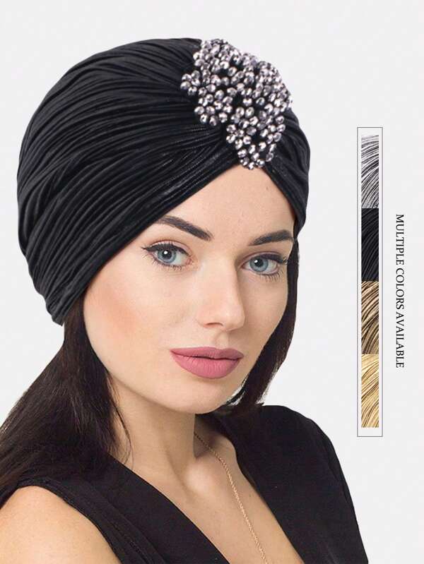 1pc Women's Rhinestone Rhinestone Headgear, Retro Style Pleated Turban Hat, Suitable For Daily Use