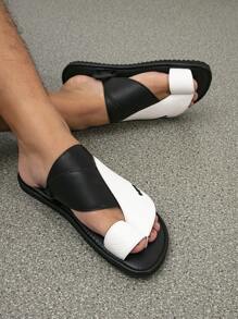 男士扁白色舒適阿拉伯拖鞋，復古涼鞋 - 黑與白 - 查看 3