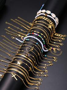 22入組簡約優雅的海洋風格迷彩褶邊設計踝鍊套裝，附貝殼、珠子、愛心、蝴蝶、星星、、空心設計，可調節大小，適用於女性時尚個性化的海灘、約會、日常搭配、周年紀念禮物 - 22pcs-5911701HB+51366+5721101 - 查看 18